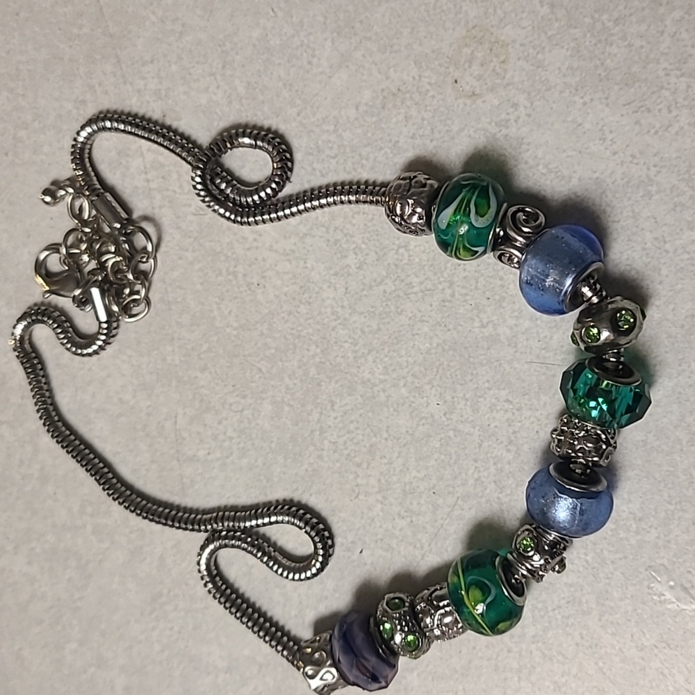 Elegant Silver, Green, And Blue Colored Beaded Necklace